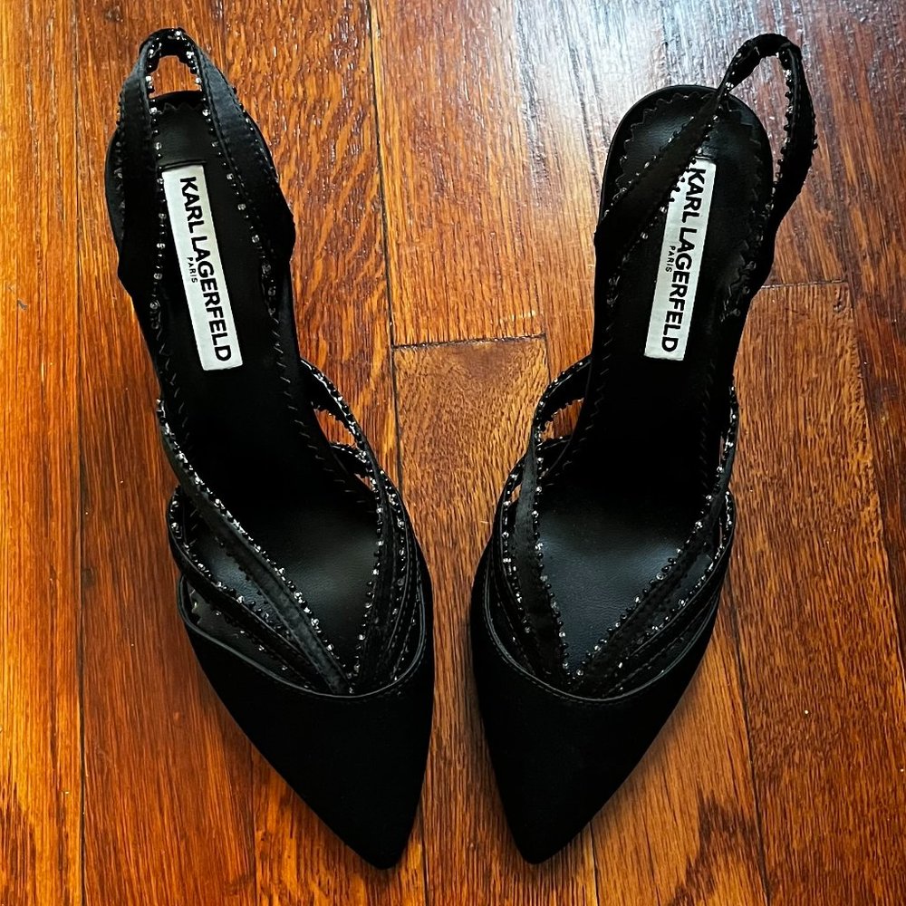 KARL LAGERFELD PARIS Beaded Black Slingback Heel | Women's Size 8 / 38